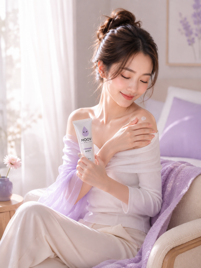 ทาครีม MOOV เฉพาะจุดที่ไหล่ ในบรรยากาศ กิจวัตรผ่อนคลายยามเช้า